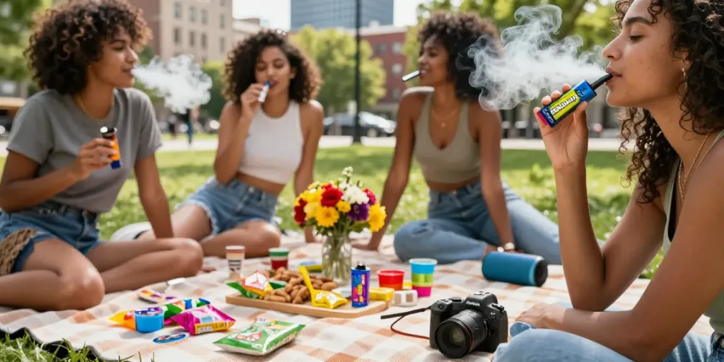 Friends enjoying Packwoods carts in a sunny park setting.