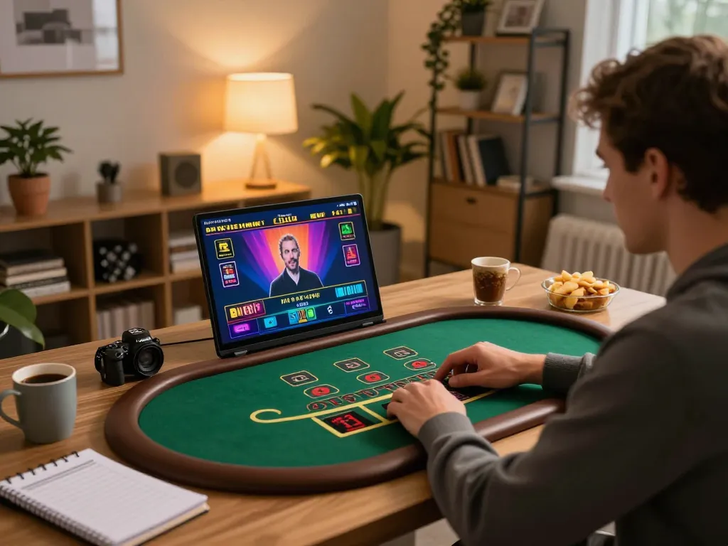 Person engaging with qq88ae online blackjack on laptop in a cozy home setting