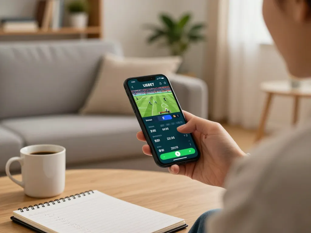 Person using the USBET app for live sports betting on smartphone in a cozy home setting.