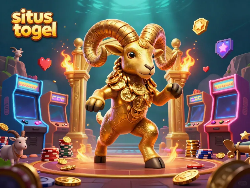 Engage in thrilling situs togel gameplay with a cartoon golden ram charging towards victory amidst arcade game elements.