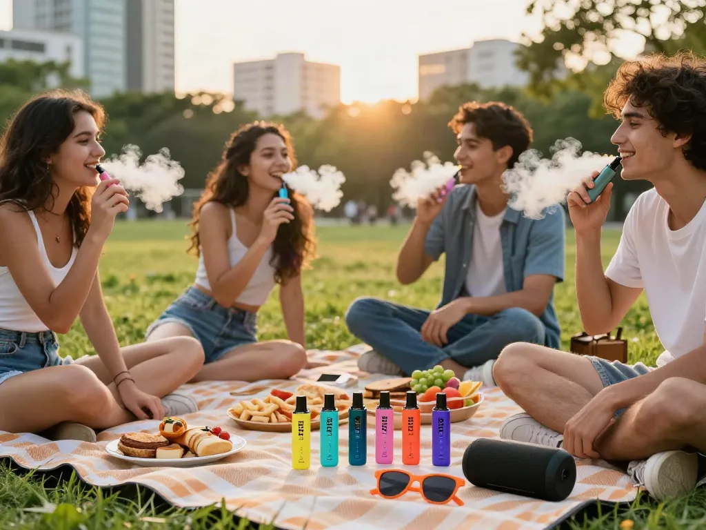 Friends enjoying Hitz infinity Gen 7 disposables outdoors, highlighting flavors and social moment.