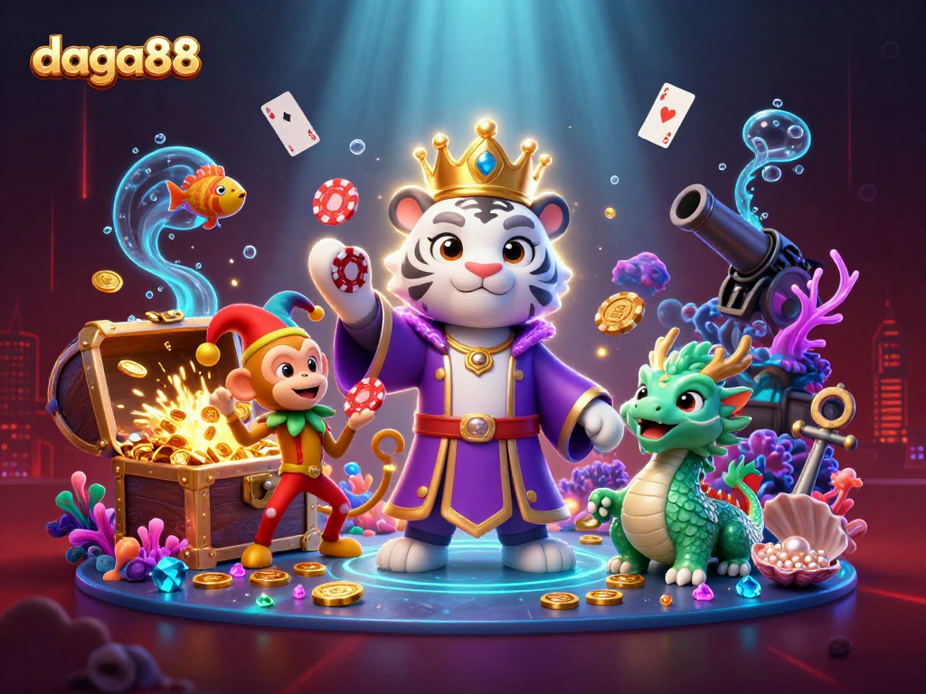 Join the thrilling action at daga88, featuring an elegant tiger, playful monkey, and jade dragon in a vibrant casino setting.