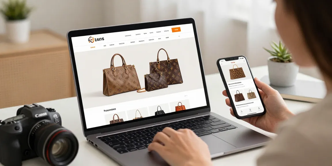 Online shopper exploring luxury 레플리카 handbag options in a modern e-commerce setting.