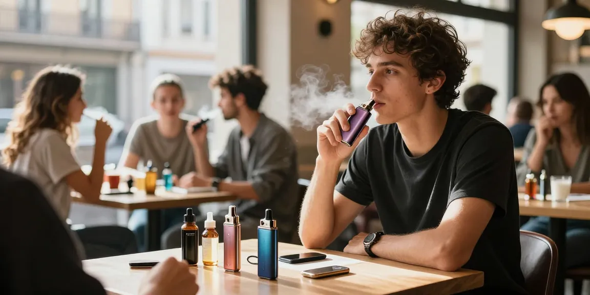 Young adult enjoying vapes in Spain at a bustling café with stylish devices and e-liquids.