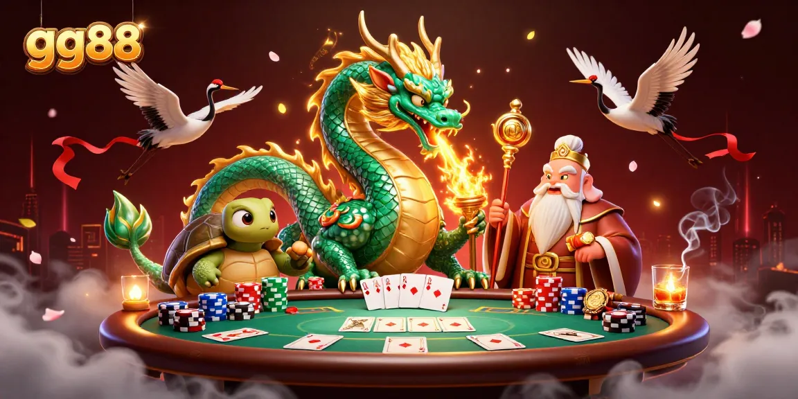 Engage with gg88's vibrant 3D gambling scene featuring a jade dragon and poker elements.