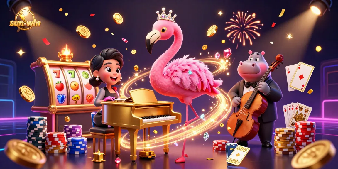 Experience the excitement of sun-win with vibrant casino elements featuring a flamingo and hippo in action.
