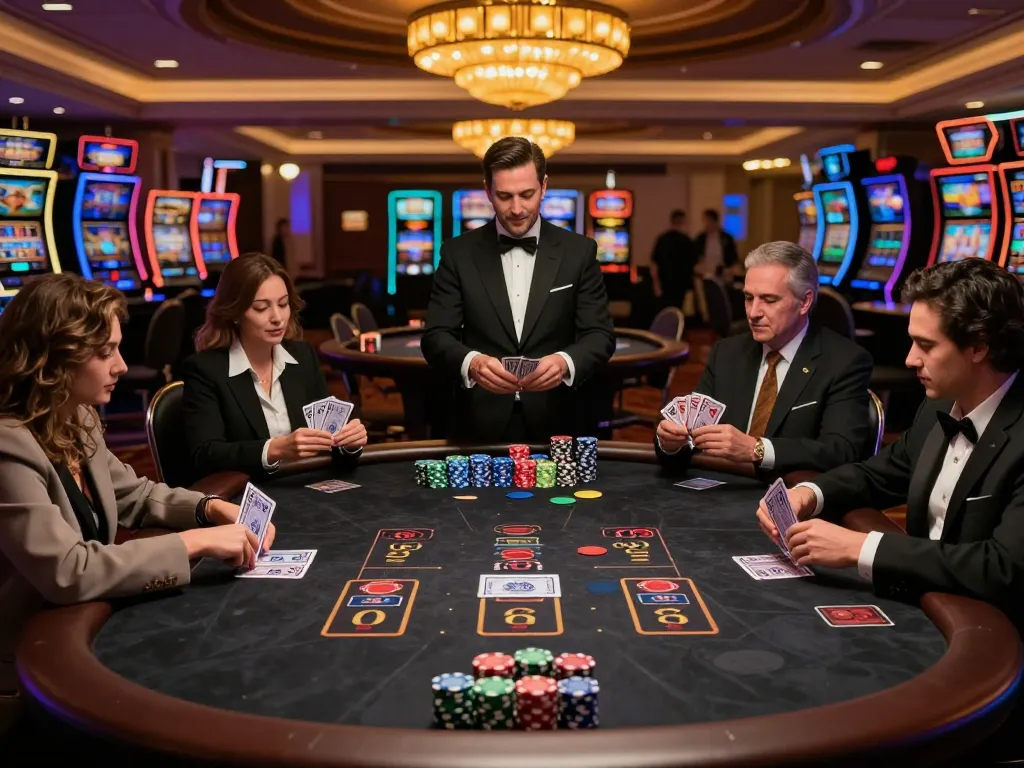 fly88 players strategizing in a luxurious blackjack game with vibrant casino ambiance