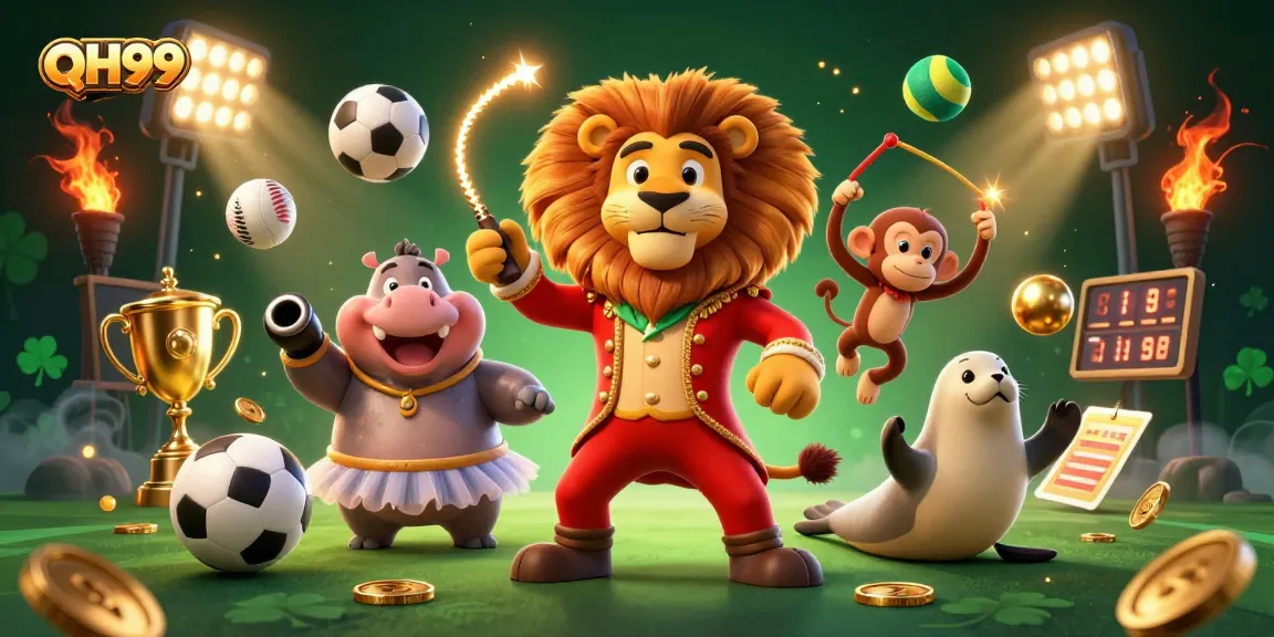 Experience thrilling gameplay at QH99 with vibrant circus characters in an action-packed casino scene.
