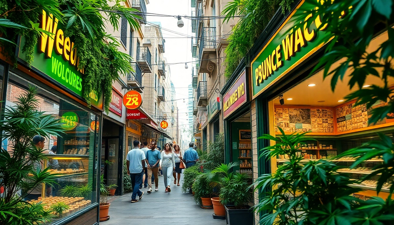 Welcoming scene of weed shops showcasing products in a vibrant urban setting.