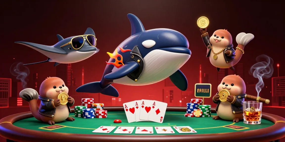 iwin club showcases an orca and stingray enjoying poker fun with otters and gold coins.