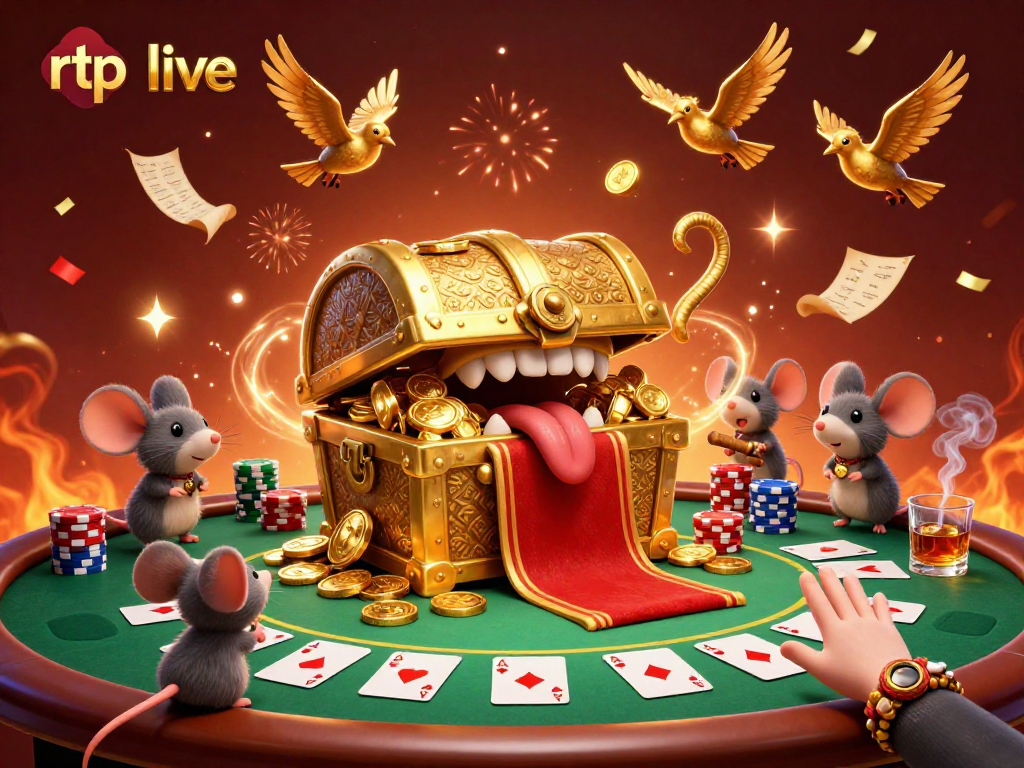 Engage with rtp live at a vibrant casino scene showcasing a treasure chest enticing adventurer mice.