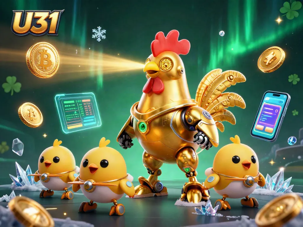 Experience thrilling U31 gaming with a futuristic golden rooster robot in an immersive casino atmosphere.