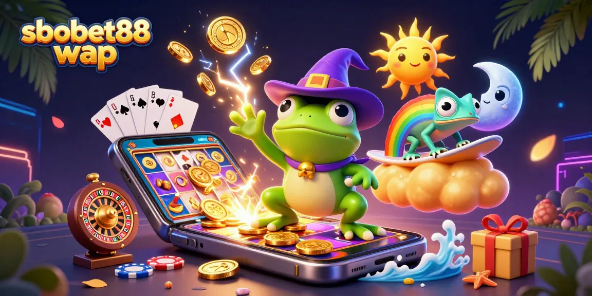 Experience sbobet88 wap with a magical scene of a frog conjuring coins and vibrant gaming elements.