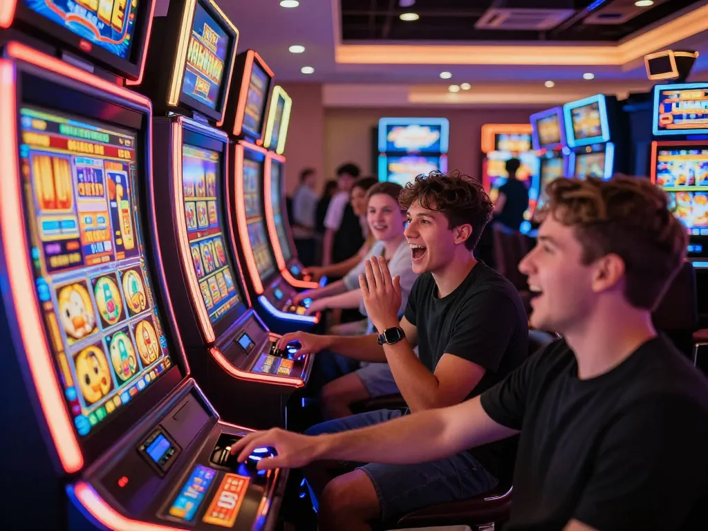 Players celebrating a slot bonus win in a vibrant casino atmosphere, highlighting gaming excitement.
