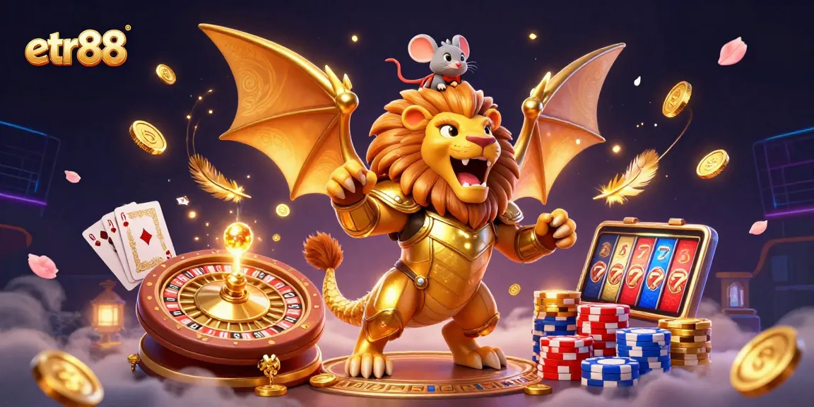 Experience thrilling gameplay with etr88 as golden coins cascade and a chimera roars in triumph.