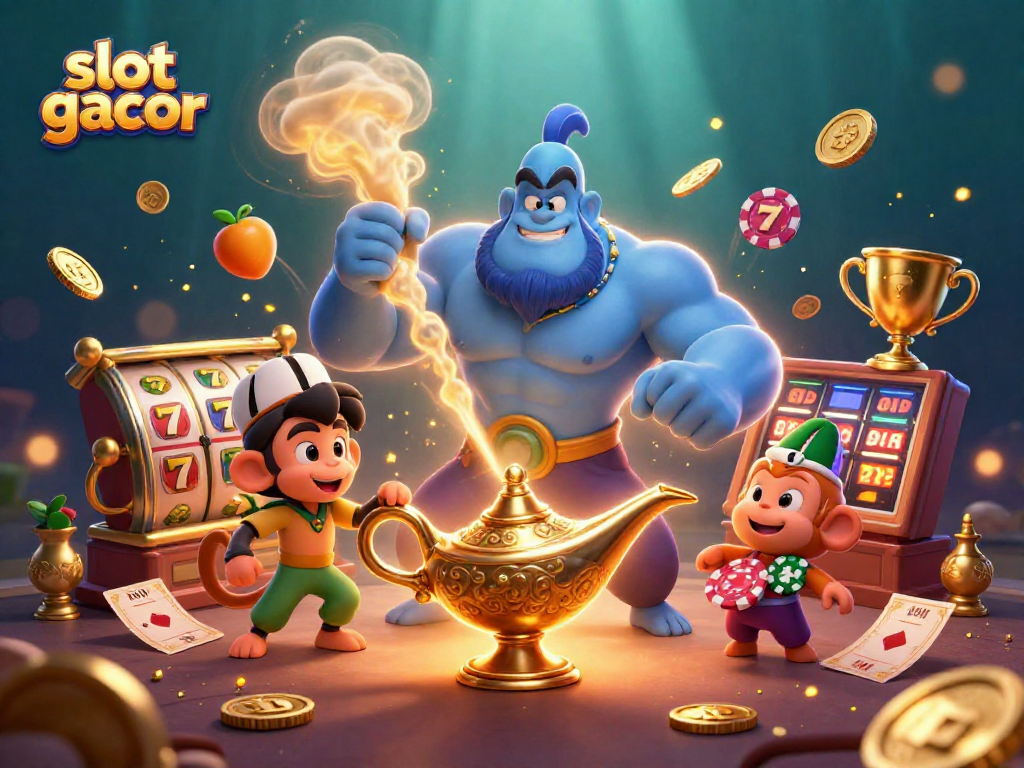 Engage with slot gacor fun while exploring vibrant scenes with a genie, chips, and casino elements.
