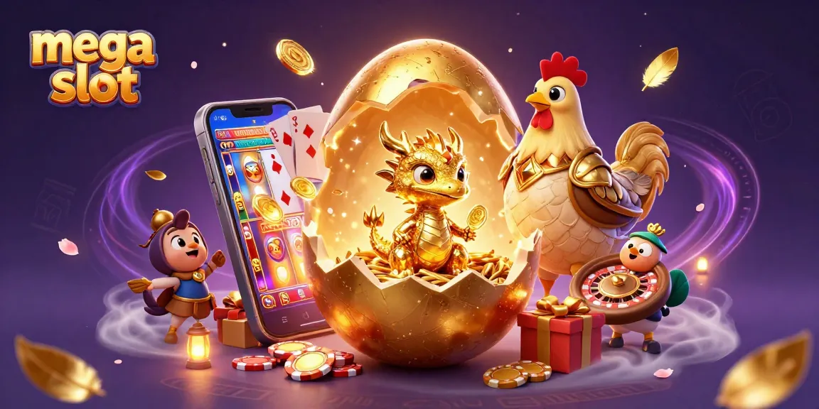Menangkan mega slot dengan grafis menakjubkan, menampilkan naga emas dan chip poker di latar belakang.