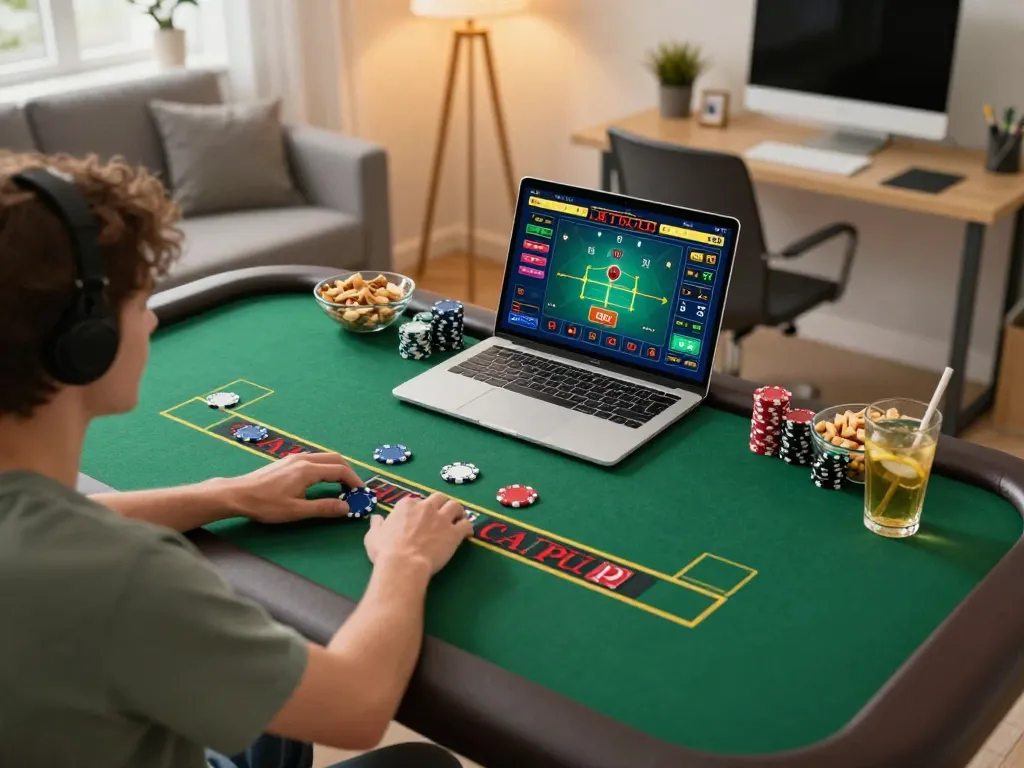 Engaging in blackjack at home with open88 gaming setup, showcasing a dynamic online experience.