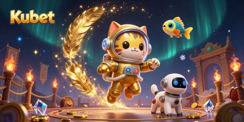 Kubet's vibrant 3D illustration showcases a cat astronaut and robot dog in a dynamic space casino scene.