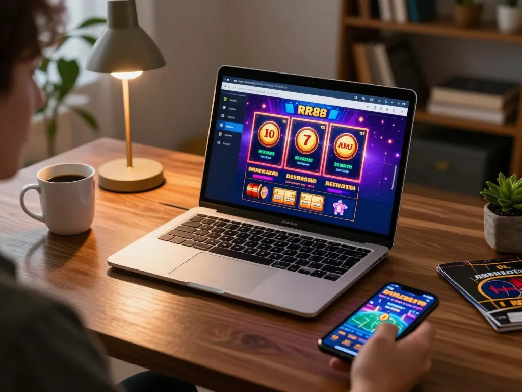 Engaging moment at RR88 online casino showcasing exciting slot gameplay on laptop.