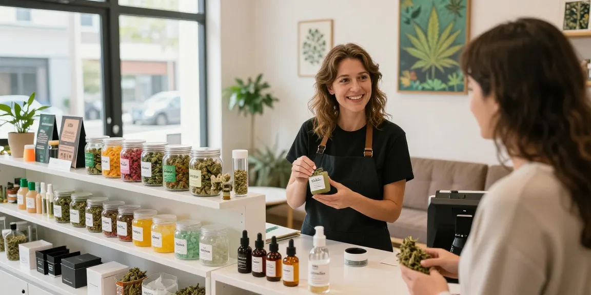 Marijuana shatter for sale EU displayed prominently in a vibrant dispensary with a friendly budtender assisting a customer.