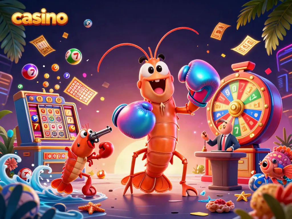 Engage in thrilling casino adventures with 3D cartoon shrimp characters showcasing vibrant slot elements and games.