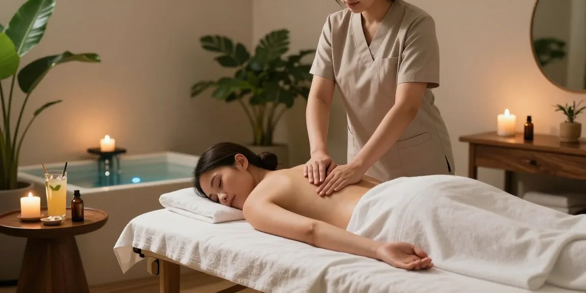 A serene Swedish massage session in a tranquil spa setting, featuring a therapist and relaxing client.