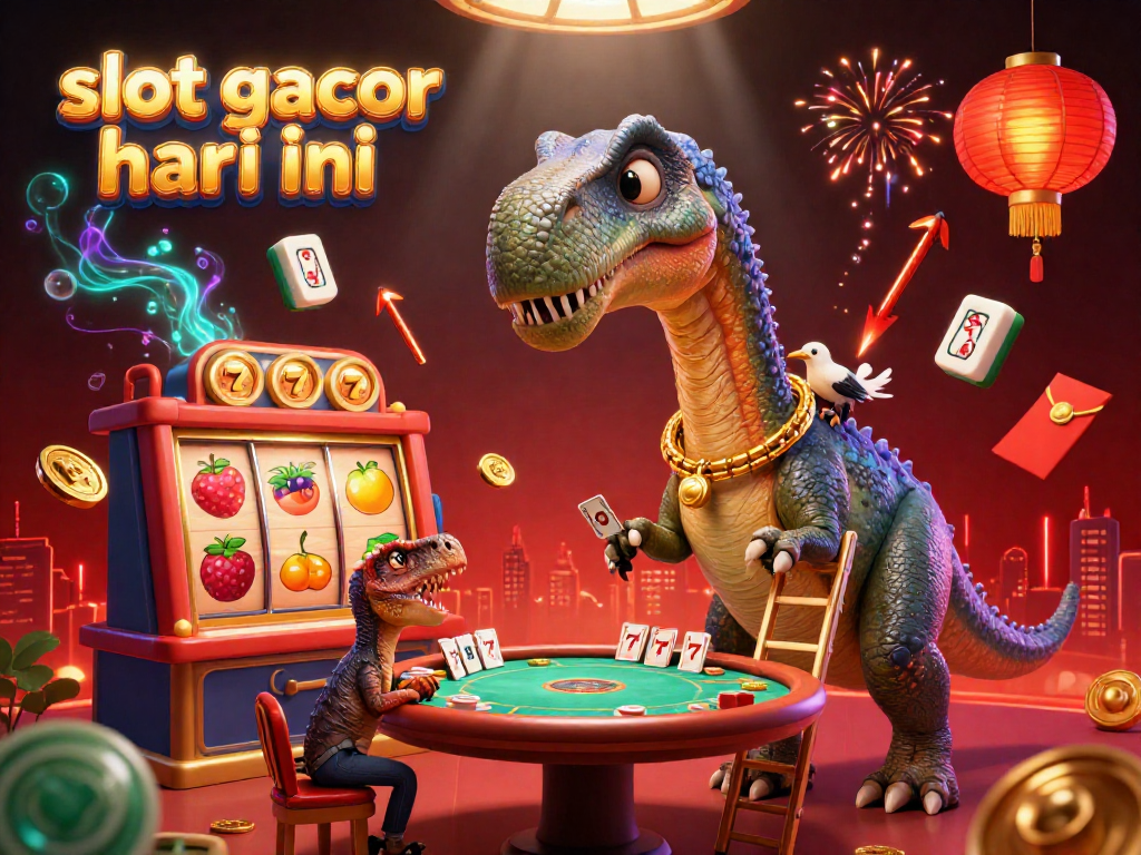 Engage with "slot gacor hari ini" as thrilling slot reels spin amid a vibrant casino scene.