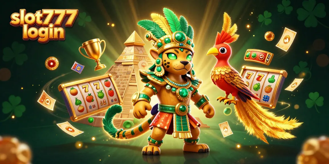Experience the excitement of slot777 login with a vibrant casino scene featuring a Mayan jaguar priest and dynamic game elements.