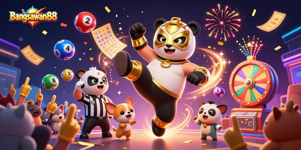Bangsawan88 showcases an energetic scene with a wrestler panda, betting excitement, and colorful casino elements.