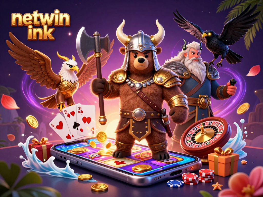 Experience thrilling gameplay with netwin ink as a Viking battles in a vibrant casino scene packed with slot games.