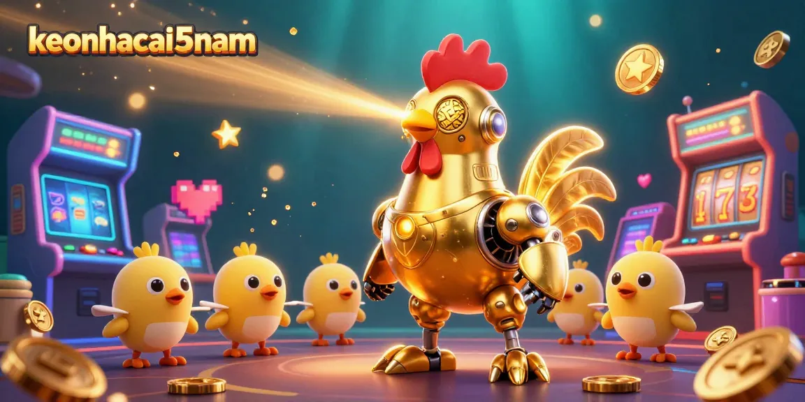 Engage with keonhacai5nam as the golden rooster robot ignites winning excitement in a colorful casino scene.