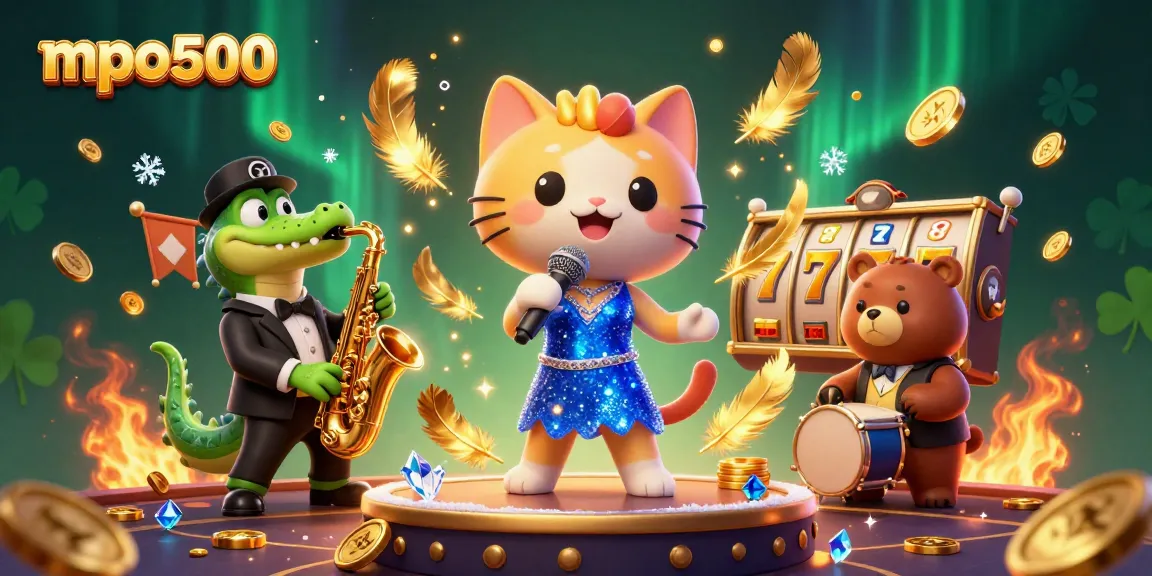 Experience mpo500 with vibrant 3D casino characters amidst slot reels and golden coins.