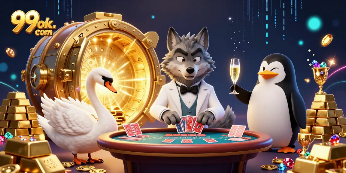Engage with the vibrant charm of 99ok. com at a lively casino scene featuring unique characters and opulent elements.