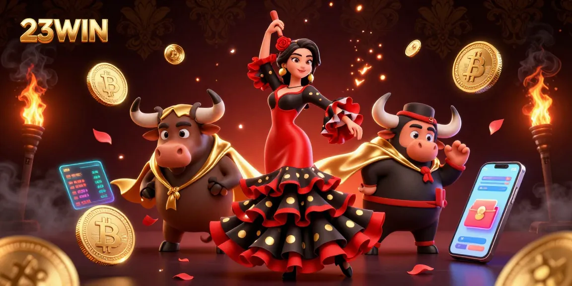 23WIN engages players with a dynamic gaming experience featuring a dancing queen and a fighting bull, set in a vibrant casino scene.