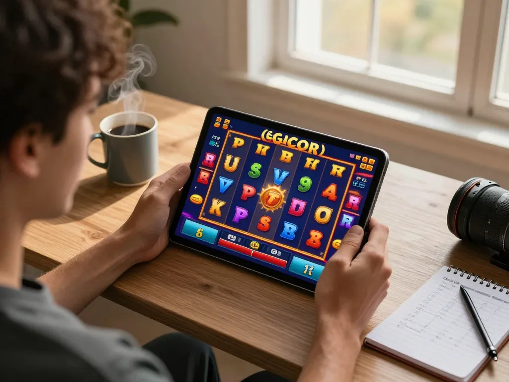 Player engaged with slot gacor game on tablet in a cozy home office, showcasing vibrant spinning reels.