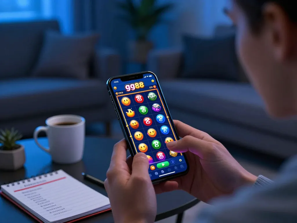 Player enjoying a thrilling gg88 slot game on smartphone in a cozy living room.