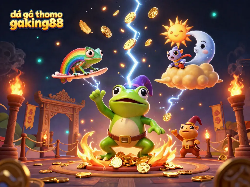 Engage with đá gà thomo gaking88 in an electrifying 3D scene featuring vibrant characters and captivating gambling elements.