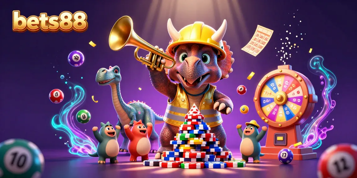 Bets88 celebrates wins with a vibrant scene featuring a triceratops building poker chips and a festive atmosphere.