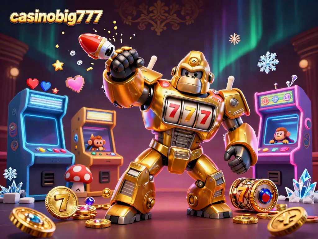 Engage with casinobig777's immersive golden gorilla mech jackpot scene filled with colorful gaming elements.