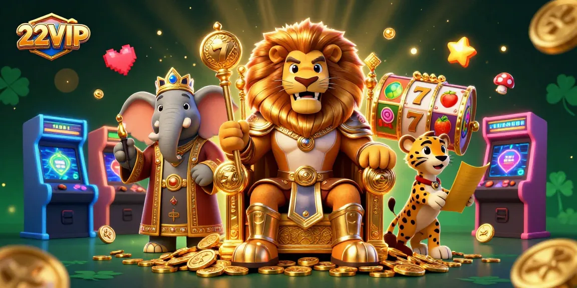 22VIP empowers players with rich slot gaming, featuring a lion king and a vibrant scene.