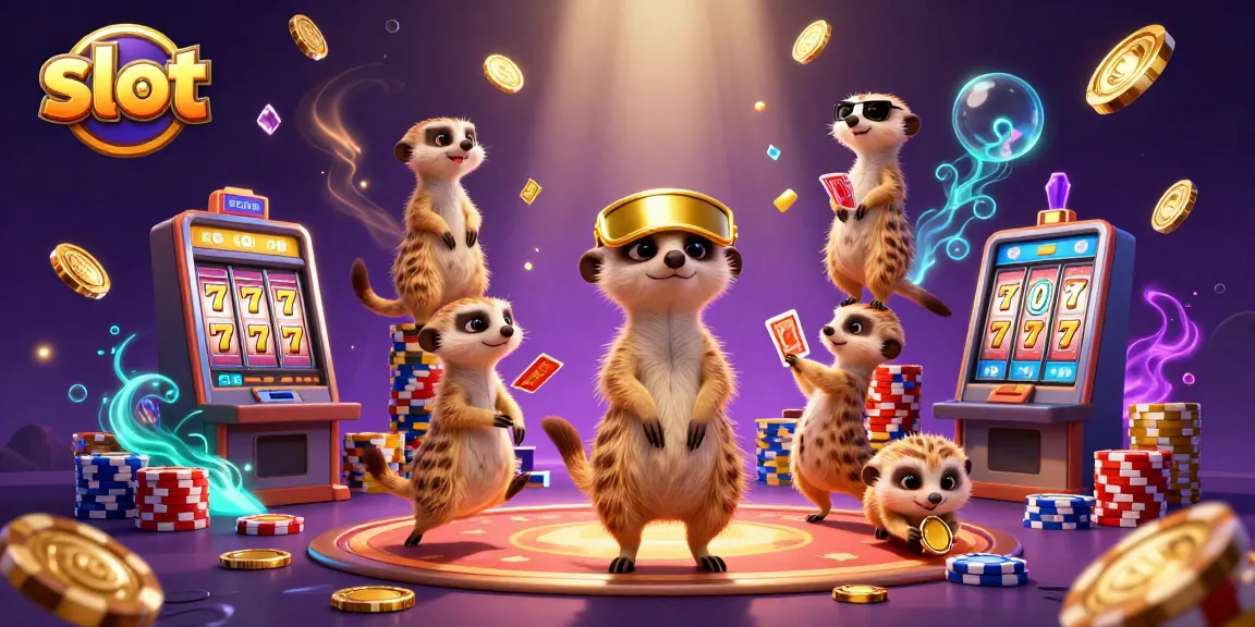 Spin the slot reels with cheerful meerkats in an exciting casino scene filled with winning gems.