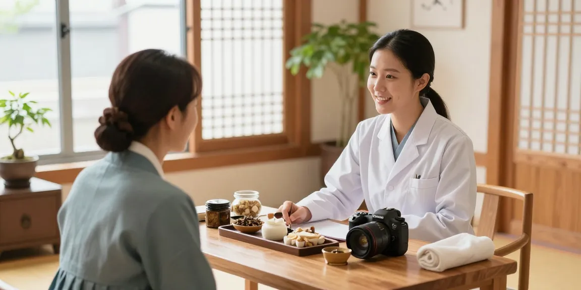 수원한의원 consultation scene with acupuncturist and patient in a warm and inviting clinic