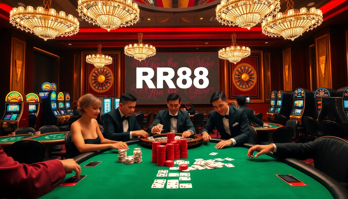 Intense poker action at RR88 with colorful chips and luxury casino setting.