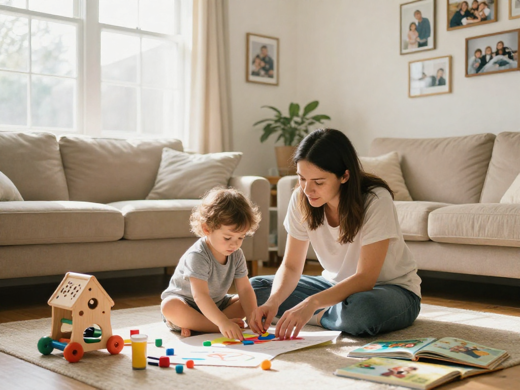Mommy and child playing creatively together in a cozy living room, embodying the nurturing spirit of rokok88 parenting.