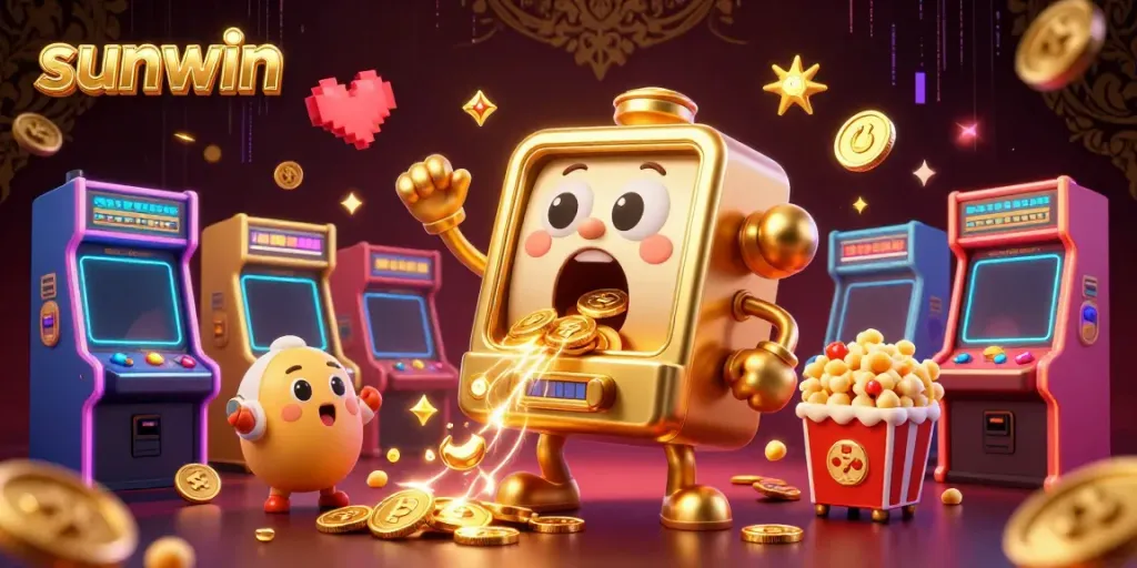 Watch the sunwin slot machine celebrating a jackpot with coins spilling out, surrounded by colorful gaming elements.