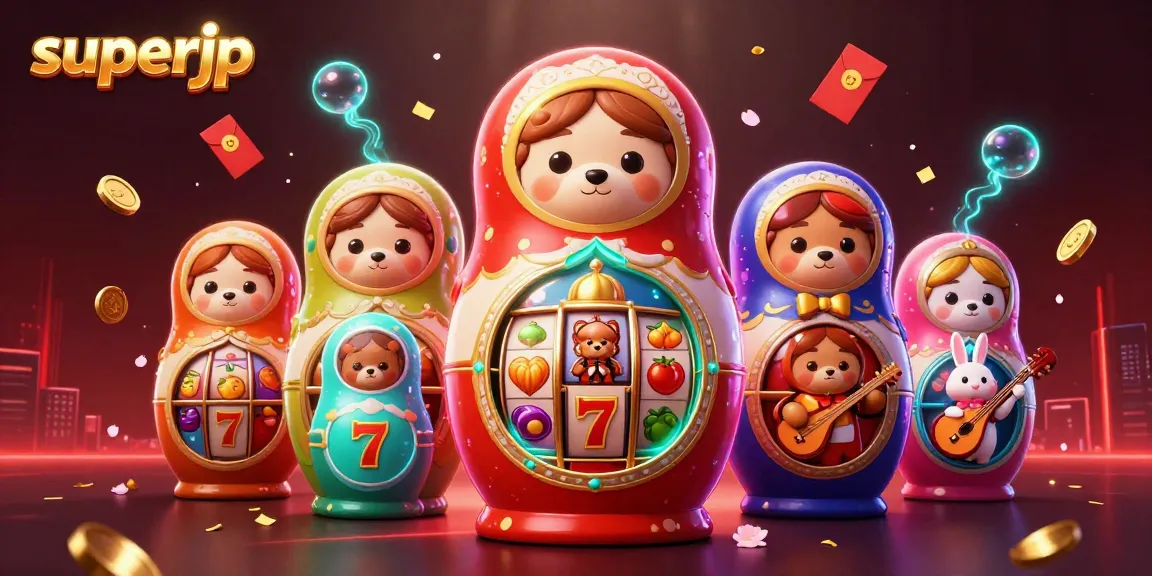 Experience thrilling slot action with superjp, featuring vibrant reels and festive casino characters.