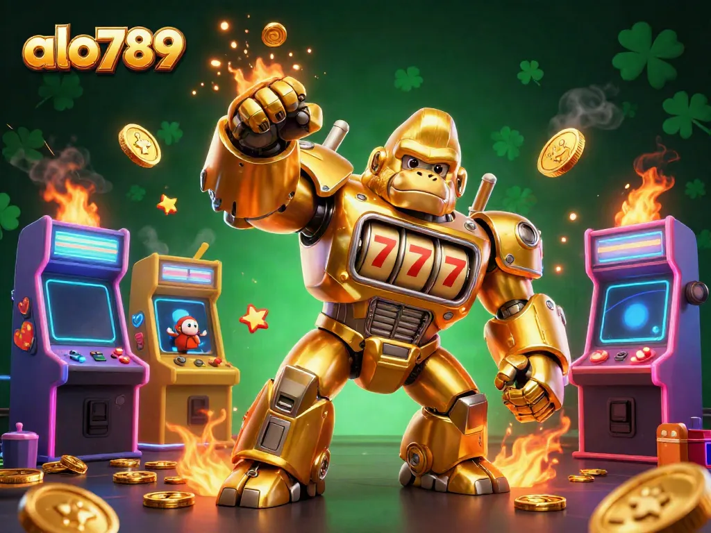 Witness the excitement of alo789 as a golden gorilla mech triumphs in a vibrant digital casino.