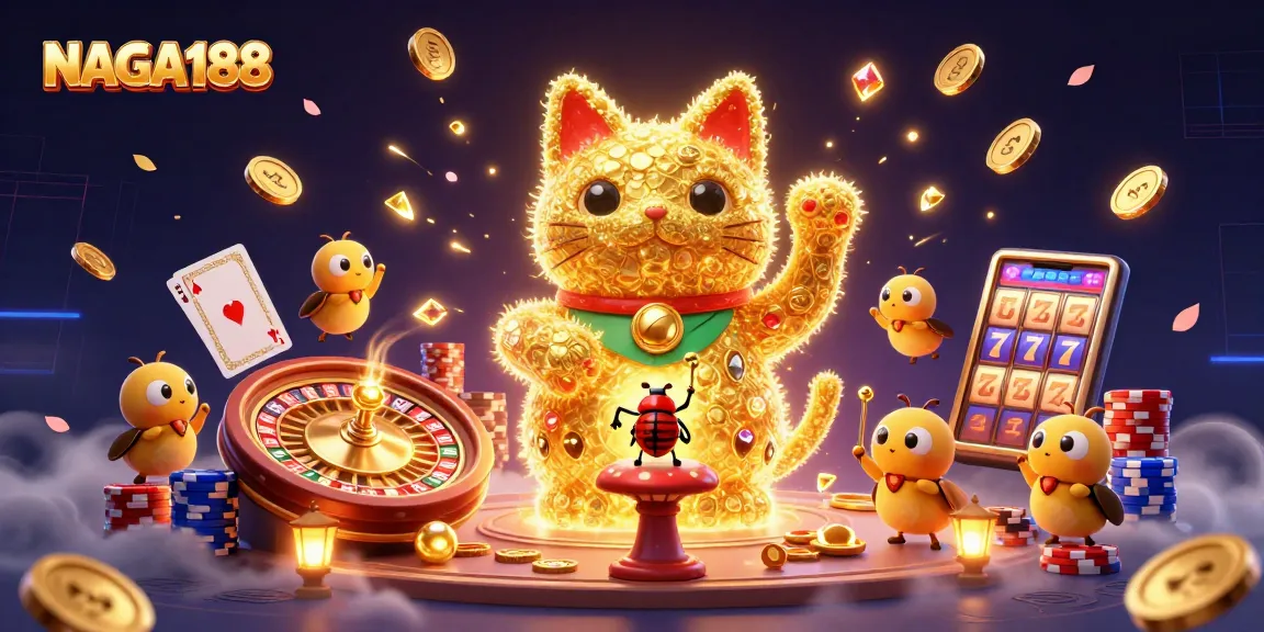NAGA188 memukau dengan ilustrasi kartun 3D kucing keberuntungan yang dibentuk dari lampu kunang-kunang, dikelilingi koin emas dan harta permata