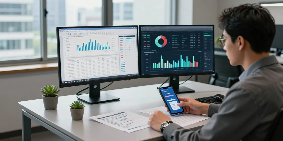 Business professional engaged in asset tracing analysis with dual monitors in modern office.